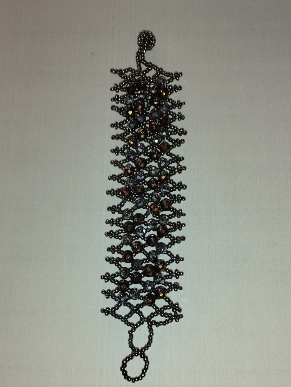 Hand Woven Beaded Cuff Bracelet Metallic Faceted Crystal & Gunmetal Seed Beads